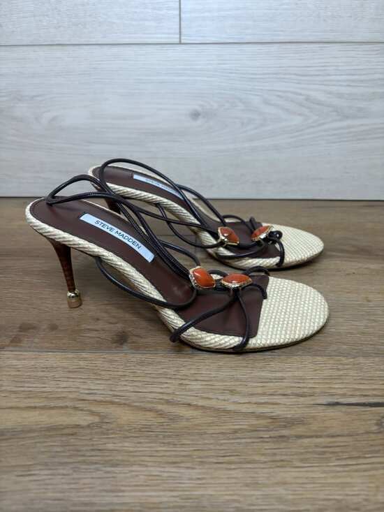 Steve Madden Shoes - STEVE MADDEN Ramos Strappy Thong Heeled Sandals Brown Multi Stones Size 5.5